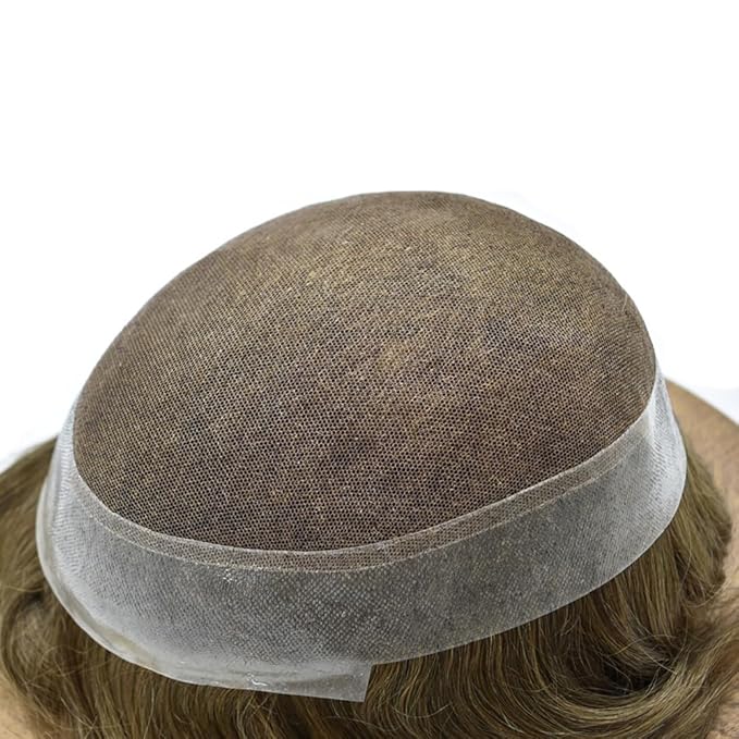 FACE MIRACLE Hair System for Men French Lace Mens Toupee Human Hair Replacement System Lace with PU Toupee for Men Male Hair Piece Wigs 8"X10" #720 7# VERY LIGHT BROWN WITH 20% SYNTHETIC GREY
