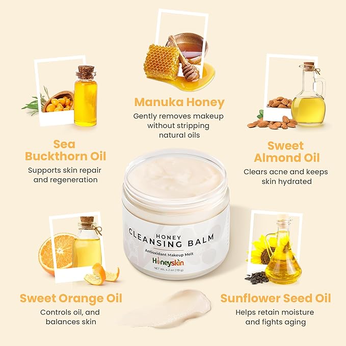 Honey Cleansing Balm Makeup Remover - Face and Eye Makeup Remover for Sensitive Skin Face Wash - Hydrating Facial Cleanser and Gentle to Face Makeup Melting Balm (4oz)