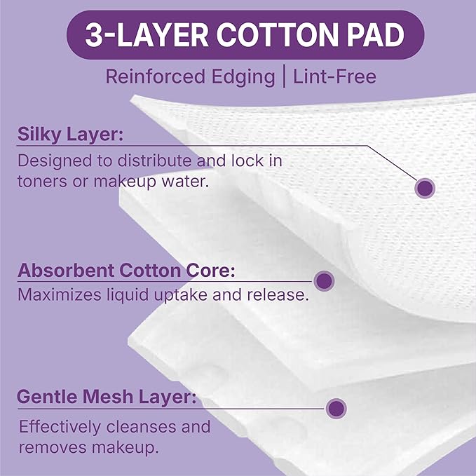 100% Cotton Pads 70PCS, 3x3 Inch Extra Large Triple-Layer Makeup Remover Pads, Soft Lint-Free Cotton Pads for Face Cleansing & Skincare