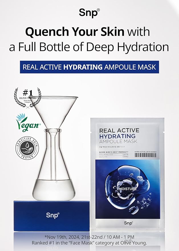 SNP Real Active Hydrating Ampoule Sheet Mask | Moisturizing and Nourishing for All Skin Types | Vegan Sheet Masks with Hyaluronic Acid | Korean Face Masks Skincare | Facial Mask | 10 Sheets