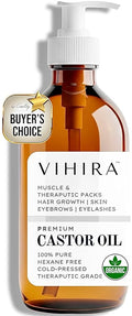 Premium Organic Castor Oil (16oz | Premium Glass Bottle), Cold Pressed, 100% Pure, Extra Virgin, Hexane Free, for Hair Growth, Eyelash, Eyebrow, Cuticles, Nails, Skin, Belly Button, Muscle & Wellness.