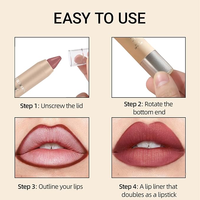 Erinde Matte Shimmer Lipstick Lip Liner Crayon for Women, 24 Hour Lipstick Lip Liner Pencil, Neutral Lipliner Waterproof Long Lasting Smudge Proof, Vegan & Cruelty-Free, C04 Rosewood Red