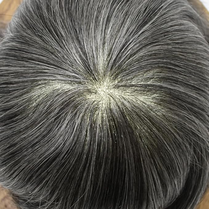FACE MIRACLE Toupee for Men French Lace Hairpiece Human Hair Replacement System Skin PU Mens Toupee Hair Wigs for Man V-Looped Front Hair Prosthesis 8"X10" #1B50 1B# OFF BLACK WITH 50% SYNTHETIC GREY