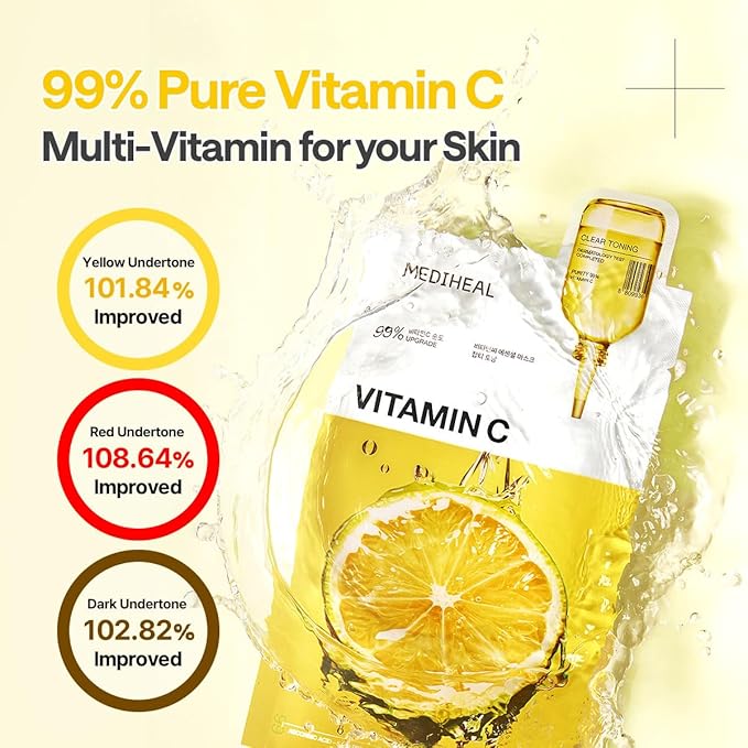 Mediheal Vitamin C Essential Sheet Mask Clear Toning 10 pcs. 99% Pure Vitamin C & 10 Vita Actives for hydration, blemish. Vegan formula