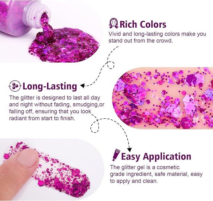 10 Colors Body Glitter,Face Glitter Makeup for Kids Women,Sparkly Chunky Hair Glitter for Eye Lip Hair Nails,Mardi Gras Glitter Makeup Face Paint,Singer Concerts Disco Rave Festival Accessories