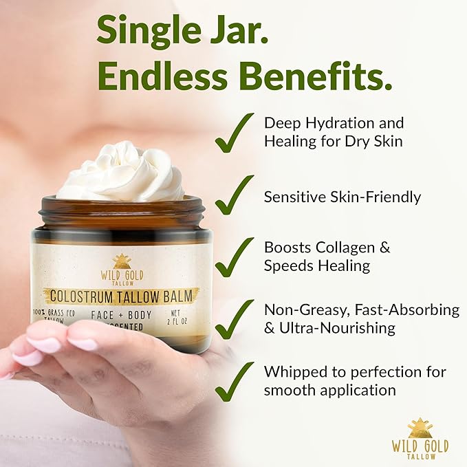100% Grass Fed Tallow Balm with Colostrum & Emu Oil - Handmade Whipped Beef Tallow for Face and Body, Sensitive Skin Tallow Moisturizer made with True First Colostrum, (Unscented)