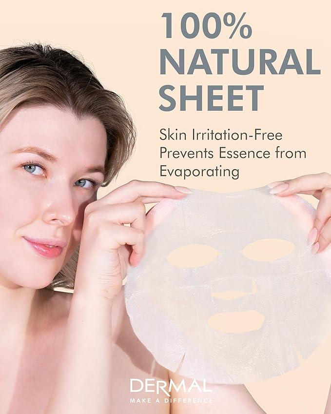DERMAL Charcoal Collagen Essence Korean Facial Mask Sheet Pack of 10 - Pore Purifying, Boosting Moisture, Rejuvenating Clarity - Hypoallergenic Skin Friendly Sheet
