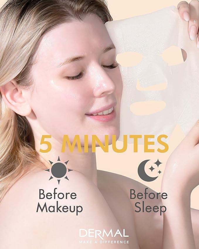 DERMAL Royal Jelly Collagen Essence Korean Facial Mask Sheet Pack of 10 - Intensive Moisture Therapy for Stress-Relief and Skin Elasticity - Hypoallergenic Skin Friendly Sheet