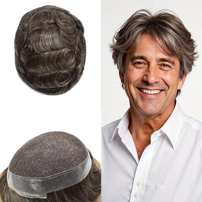 FACE MIRACLE French Lace Mens Toupee Human Hair System Lace Center Toupee for Men Thin Skin PU Around Hair Replacement System V-Looped 6"X8" #330 3# DARK BROWN WITH 30% SYNTHETIC GREY