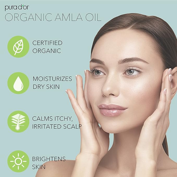 PURA D'OR 4 Oz ORGANIC Amla Oil, 100% Pure USDA Certified Premium Grade, Cold Pressed, Unrefined, Extra Virgin, Hair Serum & Thickening Hair Product w/Pump for Women & Men