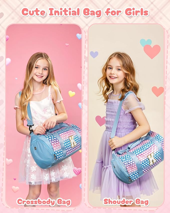 10 Year Old Girl Birthday Gifts, Girls Travel Duffel Bag, Kids Initial Overnight Bags with Shoe Compartment, Initial Duffle Bag with Makeup Pouch, Gift for Grandkids Teens (Letter E)