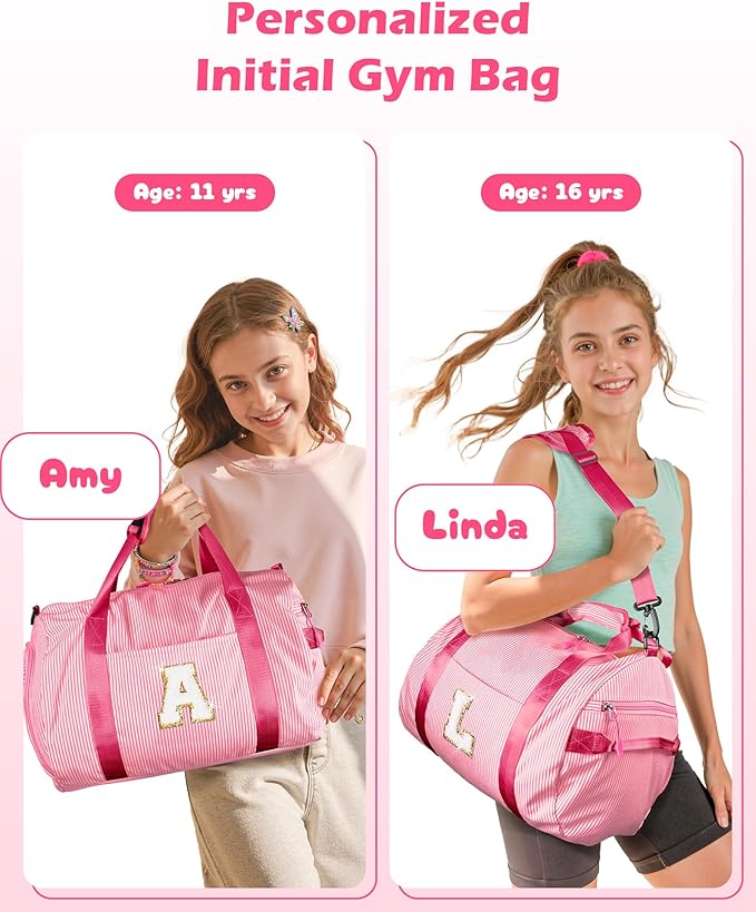 11 Year Old Girl Birthday Gifts, Girls Travel Duffle Bag, Kids Initial Overnight Bags with Shoe Compartment, Personalized Weekend Bag with Makeup Pouch, Trendy Stuff (Letter D)