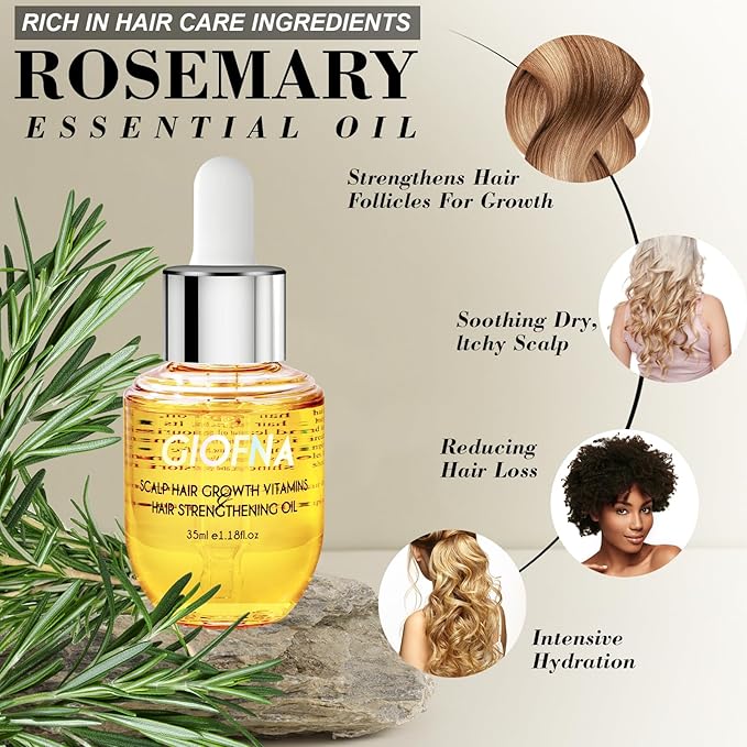 Hair Oil, Rosemary Serum with Bamboo Brush for Frizzy, Damaged Hair Growth Strengthening, Scalp and Argan Care for Women and Men