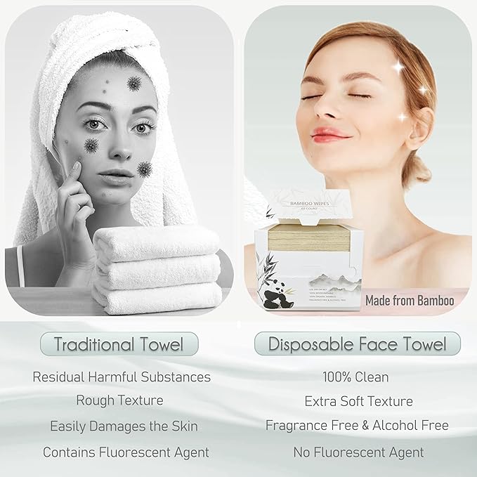 Bamboo Rayon Disposable Face Towel Biodegradable Large Dry Face Wipes 240 Count / 4 Boxes Extra Thick Soft Clean Facial Towels for Sensitive Skin, Makeup Removing, Facial Cleansing, Nursing