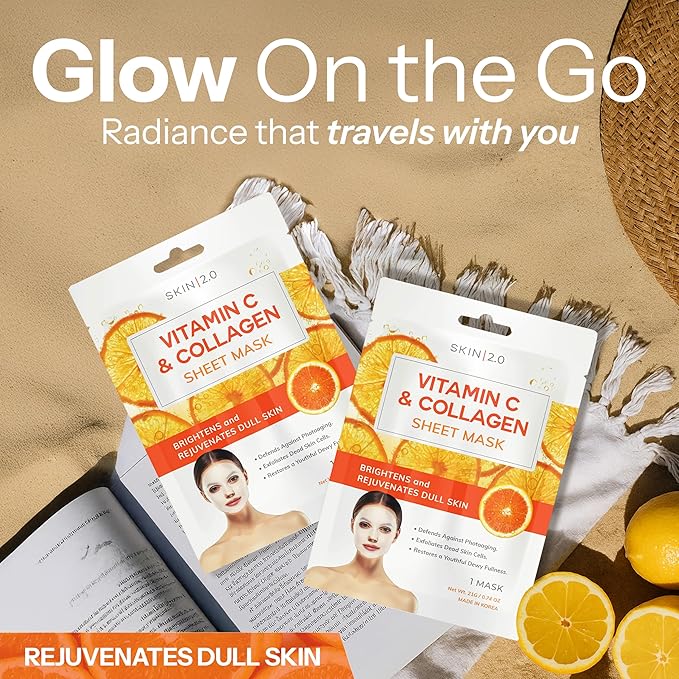 Vitamin C & Collagen Sheet Mask - Anti-Aging, Wrinkle & Age Spot Reducer, Hydrating & Moisturizing - Dermatologist Tested Korean Skincare, Clean Beauty, Cruelty-Free, All Skin Types - 5 Masks